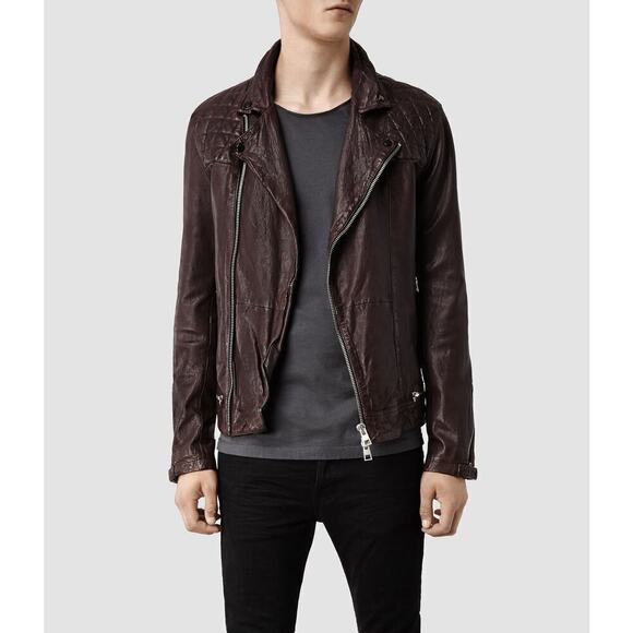 All Saints Conroy Crinkled Quilted Shoulder Leather Biker Jacket Oxblood Size M - Picture 1 of 11